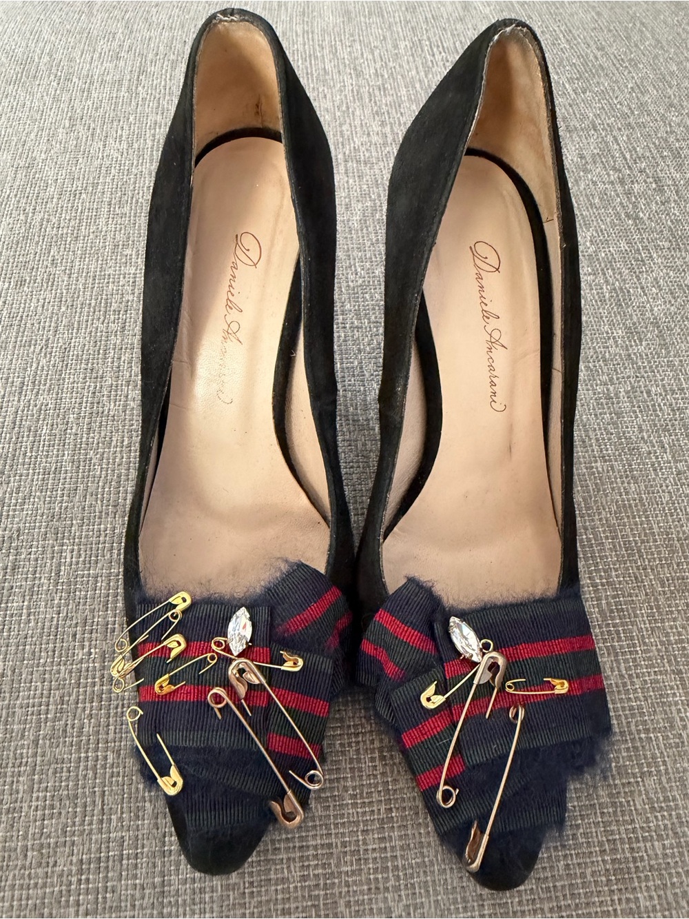 Daniele Ancarani  Suede Pointed Toe Flats with Navy Ribbon & Gold Pins